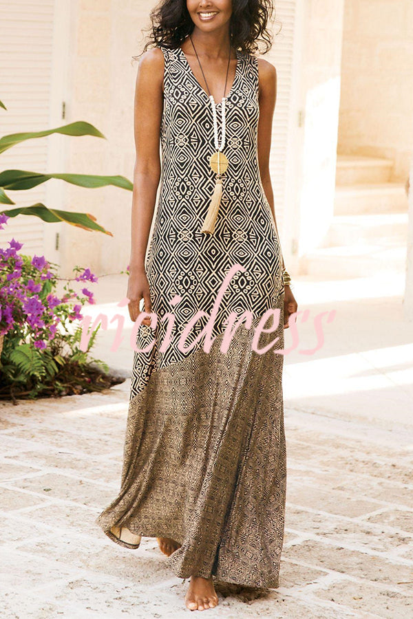 Elegant and Unique Printed V Neck Maxi Dress