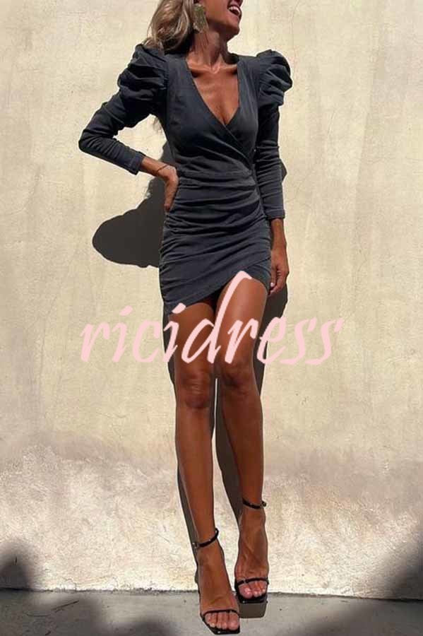 All The Best Denim Puff Sleeve Ruched Stretch Mini Dress