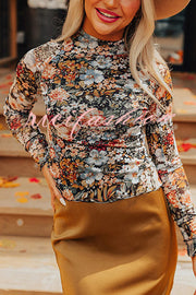 Floral Print Turtleneck Long Sleeve Stretch Bottoming Shirt