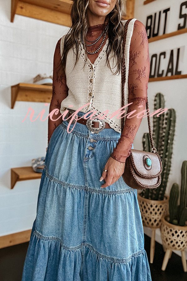 Bohemian High Rise Button Up Loose Denim Pocket Maxi Skirt