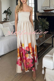 Hidden Garden Satin Floral Print Smocked Tie-up Shoulder Maxi Dress