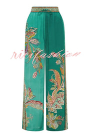 Somewhere Sunny Satin Botanical Print Elastic Waist Pocket Wide Leg Pants