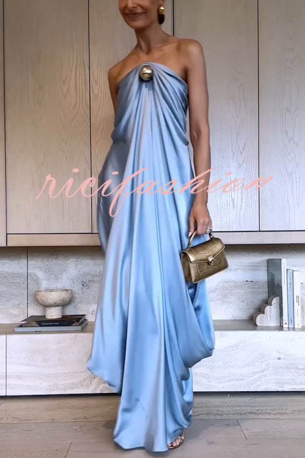 Venus Satin Gold Beaded Off Shoulder Draped Evening Maxi Dress