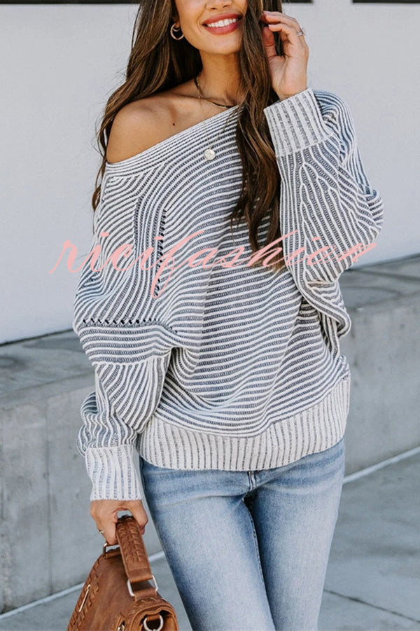 Knitted Striped Round Neck Dolman Sleeve Casual Loose Sweater