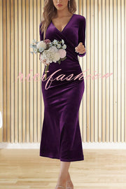 Solid Color Velvet Long Sleeve V-neck Slim Fit Fishtail Maxi Dress