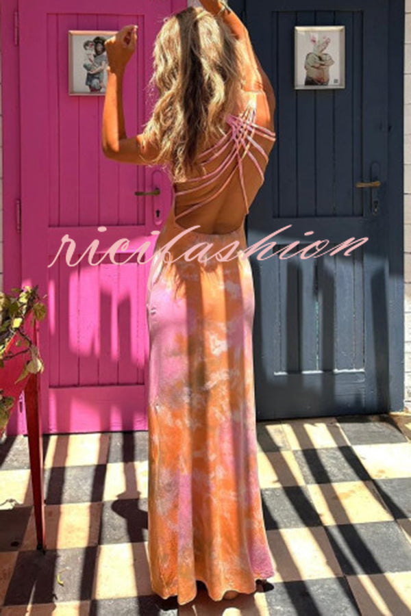 La Bamba Tie-dye Print Back Lace-up Stretch Maxi Dress