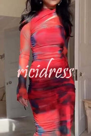 Won The Attention Mesh Tie Dye Ruched Midi Dress