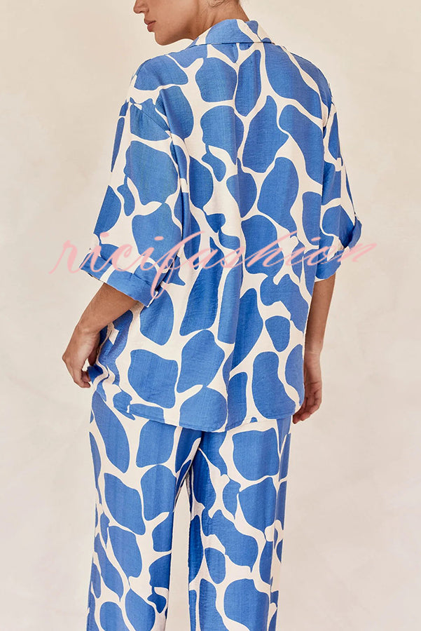 Lazy Beach Days Unique Print Short Sleeve Loose Shirt and Elastic Waist Pants Set