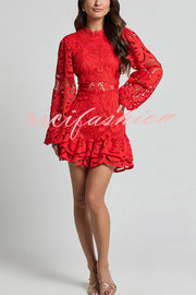 Solid Color Hollow Long-sleeved Waisted Lace Mini Dress