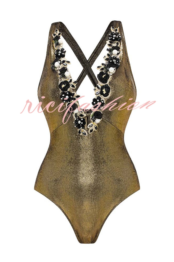 Solid Color Shiny Fabric Deep V Metal Embellished Stretch One-piece Swimsuit