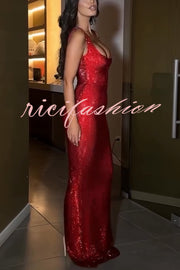 Passionate Woman Glitter Fabric Square Neck Back Lace-up Maxi Dress