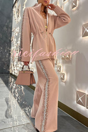 Edan Textured Knit Sequin Patchwork Drawstring Zipper Sweatshirt and Stretch Wide Leg Pants Set