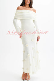 Timeless Sophistication Knit Off Shoulder Rose Detail Stretch Maxi Dress