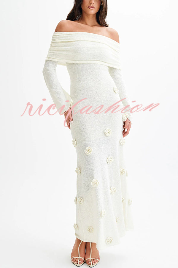 Timeless Sophistication Knit Off Shoulder Rose Detail Stretch Maxi Dress