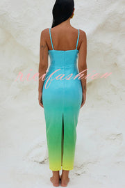 Sirene Sequin Unique Gradient Print Starfish Brooch Cutrout Slit Stretch Maxi Dress