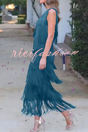 Stylish Fringed One Shoulder Asymmetric Midi Dress