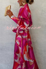 Unique Printed Long Sleeve V-neck Tie-up Waist Slit Maxi Dress