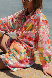 Leisurely Outings Summer Fruit Print Loose Long Sleeve Shirt and Elastic Waist Pocket Shorts Set