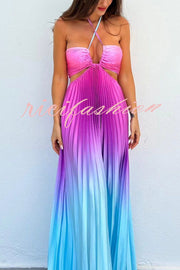 Get Ready Beautiful Gradient Print Cutout Halterneck Pleated Maxi Dress