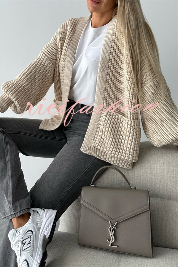 Solid Color V-neck Long-sleeved Casual Knitted Cardigan