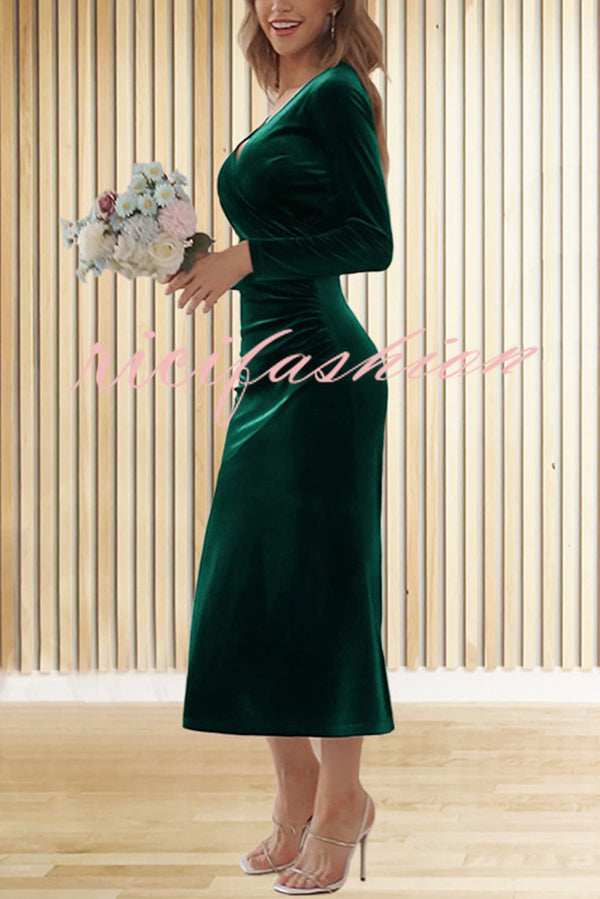 Solid Color Velvet Long Sleeve V-neck Slim Fit Fishtail Maxi Dress