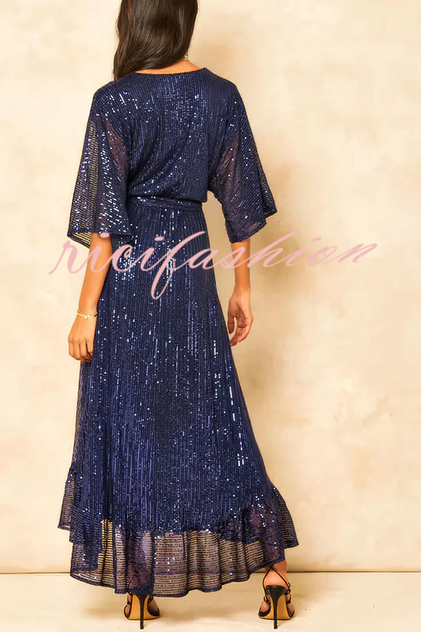 Solid Color Sequined V-neck Waist Tie Loose Maxi Dress