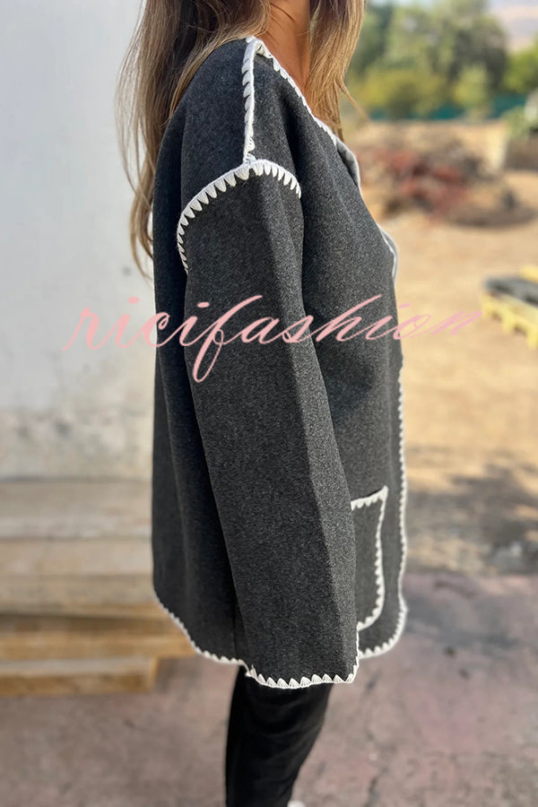 Stylish Loose Pocket Long Sleeve Coat and Warm Fringed Scarf