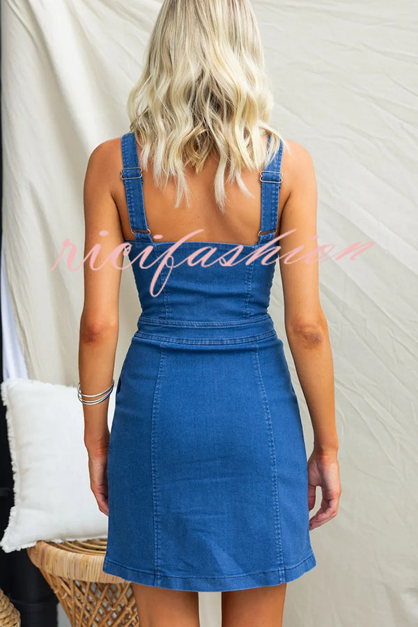 Nylah Denim Front Center Zipper Princess Line Pocket Stretch Mini Dress