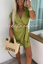 Relaxing Beach Linen Blend Solid Color Wrap Loose Shirt Romper