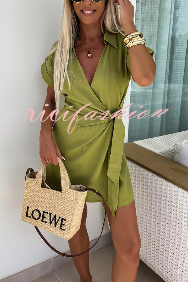 Relaxing Beach Linen Blend Solid Color Wrap Loose Shirt Romper