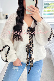 Fashionable Loose Long-sleeved Leopard Print Lace-up Knitted Sweater Cardigan