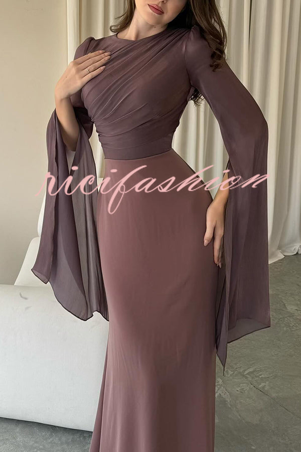 Liora Ruched Organza and Satin Patchwork Design Long Bell Slit Sleeve Maxi Dress