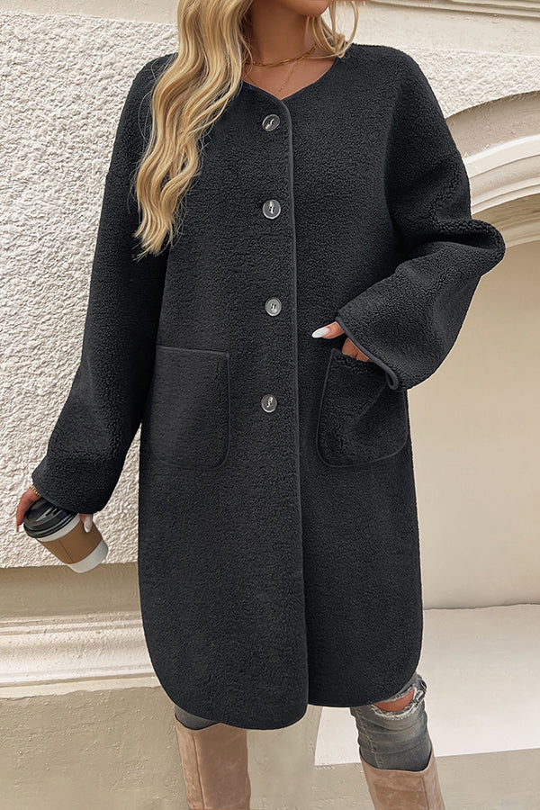 Solid Color Casual Cardigan Buttoned Pocket Mid-length Coat