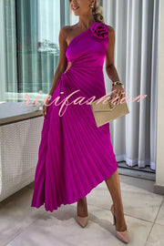 Romantic Nights Satin Raised Flower Elastic Cutout One Shoulder Pleated Maxi Dress