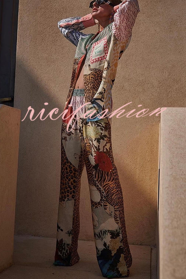 Tropical Jungle Tiger Unique Print Long Sleeve Loose Shirt and Elastic Waist Pants Set