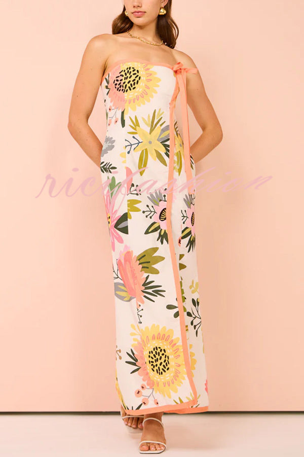 Inessa Linen Blend Floral Print Strapless Wrap Bow Maxi Dress