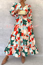 Colorful Printed V-neck Waist High Slit Ruffled Maxi Dress