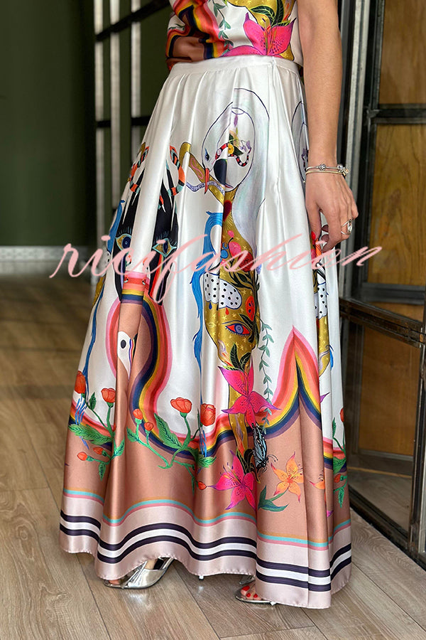 Evangeline Satin Unique Print Back Tie-up Pocket Halter Maxi Dress