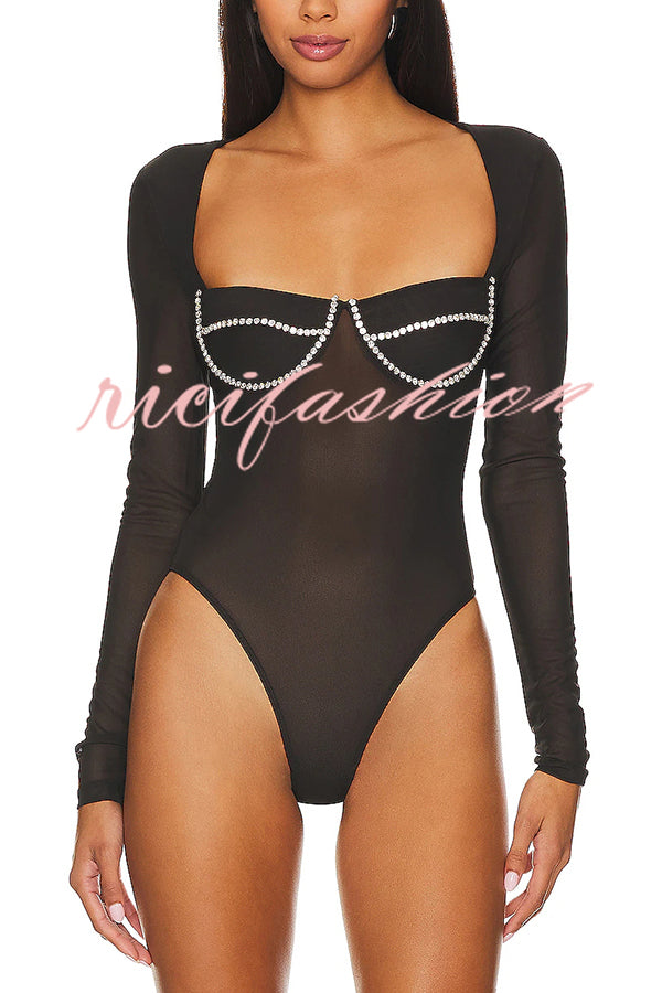 Happy Sexy Friday Mesh Diamante Long Sleeve Stretch Bodysuit