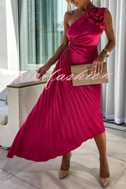 Romantic Nights Satin Raised Flower Elastic Cutout One Shoulder Pleated Maxi Dress