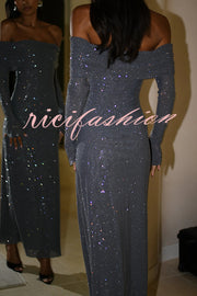 Sexy Shiny Off-The-Shoulder Long-Sleeved Fitted Maxi Dress