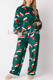 Christmas Printed Crew Neck Long Sleeve Top and Elastic Waist Loose Pants Set