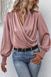 Satin Solid Color V-neck Lantern Sleeve Elegant Loose Shirt