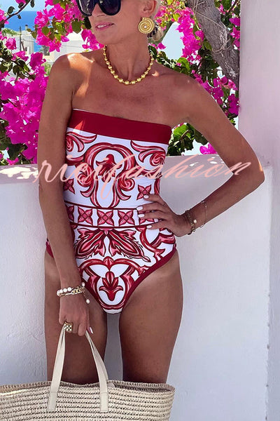 Summer Lovin Unique Royal Print Strapless One Piece Stretch Swimsuit and Pareo