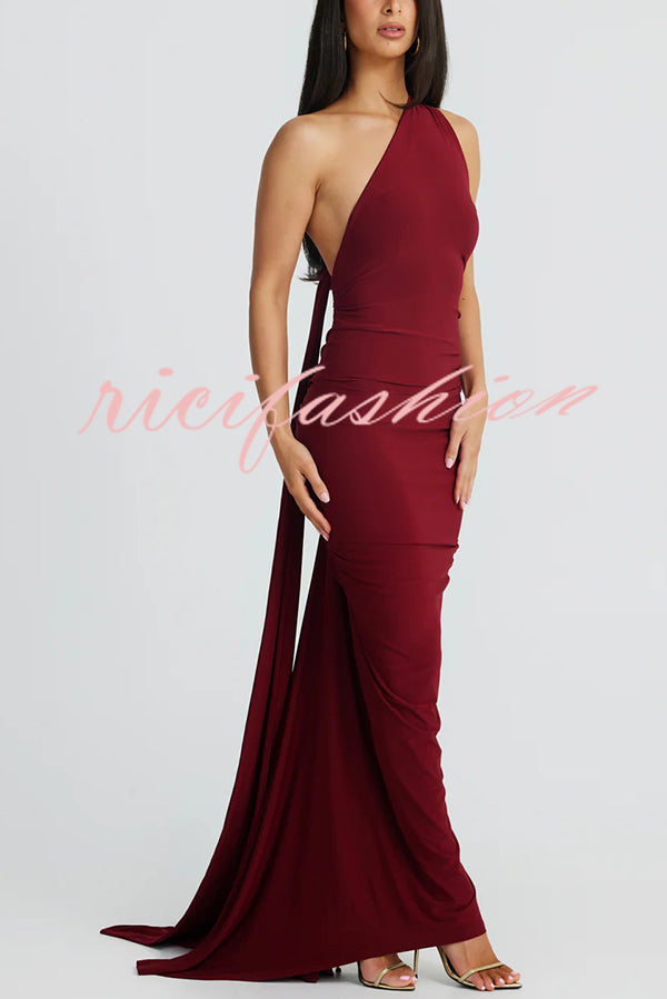 Sexy Backless Pleated Slim Solid Color Sleeveless Elegant Maxi Dress