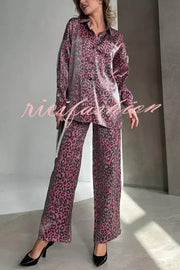 Leopard Print Long-sleeved Casual Top and Loose Elastic Waist Tie Pants Set