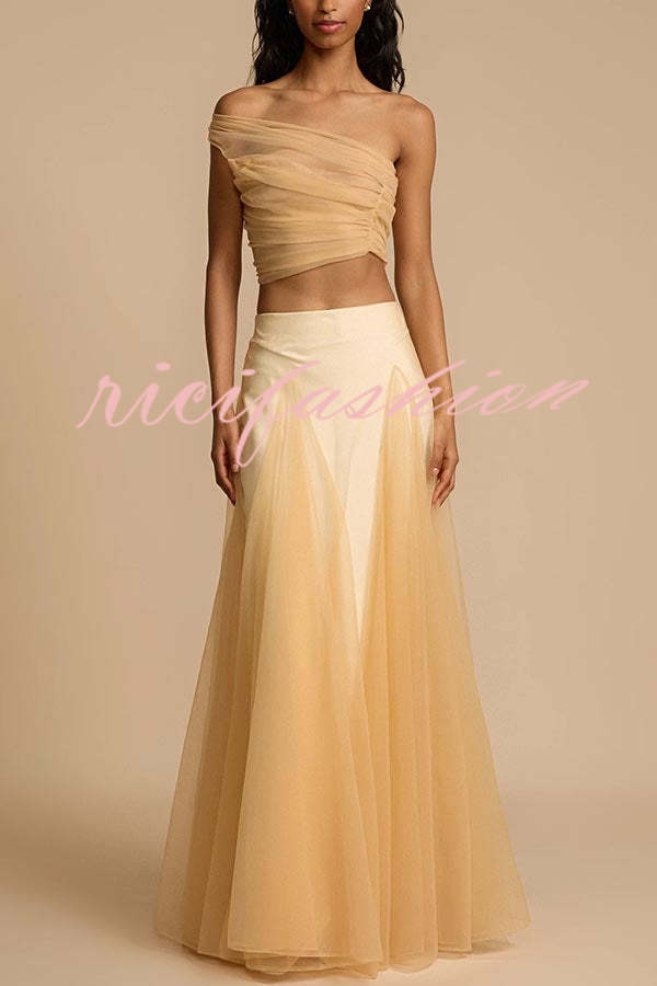 Romance Factor Satin Patchwork Tulle High Rise Elastic Waist A-line Maxi Skirt