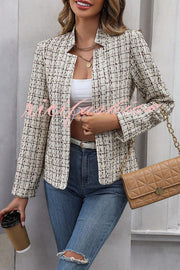 Ask You Out Tweed Plaid Long Sleeve Open Front Blazer