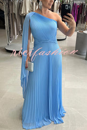 Kate Pleated One Shoulder Drape Sleeve Twist Waist Maxi Dress