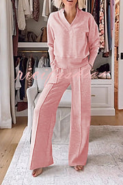 Weather Gets Cold Solid Color V-neck Top and Elastic Waist Pocketed Lounge Pants Set